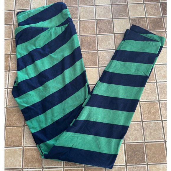 Women's LuLaRoe Leggings One Size Green & Navy Striped - Picture 1 of 5